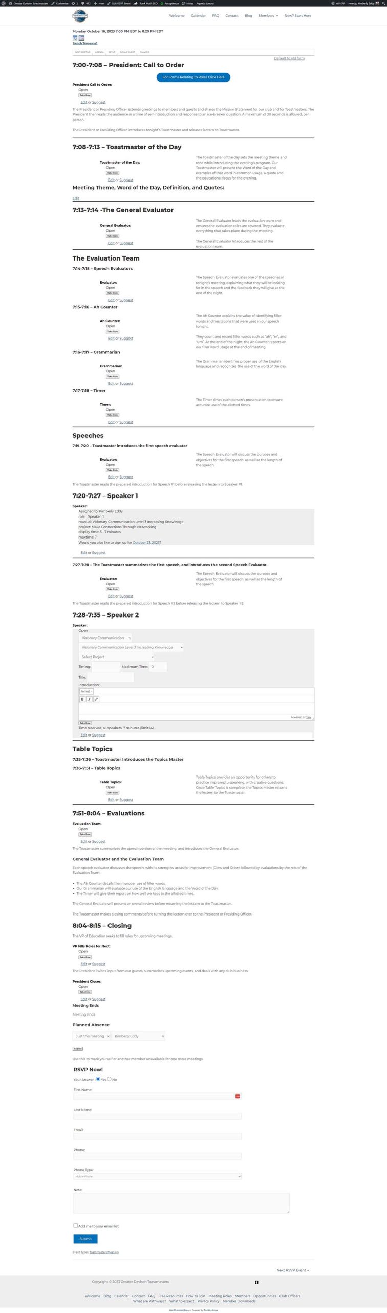 Club toastmasters agenda styled in Wordpress' block editor with custom css and created using Wordpress for toastmasters