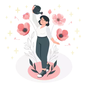 You're Going to LOVE This WordPress Theme 7 Decorative Image: Graphic illustration of personal growth with a woman watering herself as flowers grow around her.