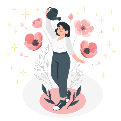 Decorative Image: Graphic illustration of personal growth with a woman watering herself as flowers grow around her.