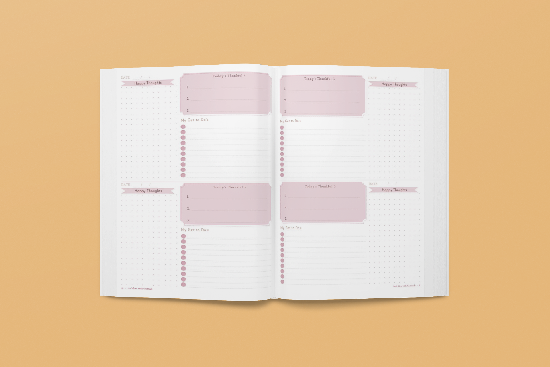 Let’s Live with Gratitude Journal with Undated Planner 1 Mock up of this gratitude journal, pages open, on a solid background.