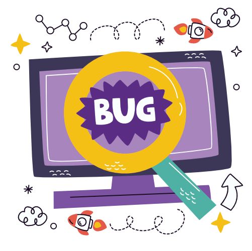 Online Tech Support for Entrepreneurs 1 whimsical illustration of a computer screen with a bug. Tech support for entrepreneurs from Websites over Coffee
