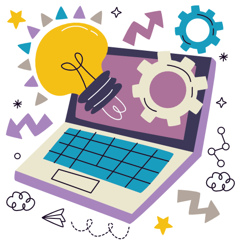 Whimsical drawing of a laptop and gears. Website maintenance is important for the health of your business.