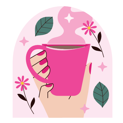 Fuscia coffee cup held in hand with lots of elegant white space