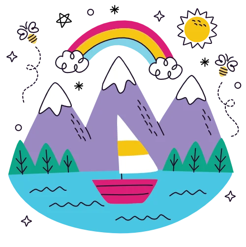 Doodle of mountains and a sail boat for the post about color contrast in website design